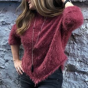 Trendy Batwing Sleeved Eyelash Sweater in Marsala